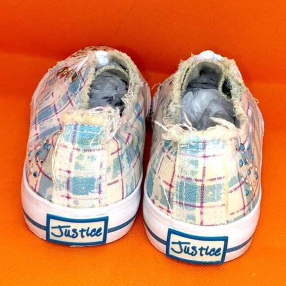 Justice Designer Girl's Pre-owned Blue & White Plaid Embellished Sneakers- sz. 2 - Picture 4 of 6